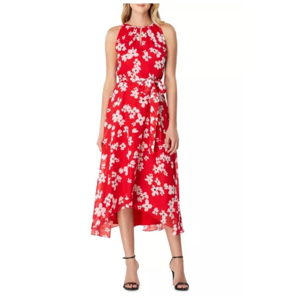 Tahari ASL Sleeveless Floral Chiffon Dress with Keyhole Neck